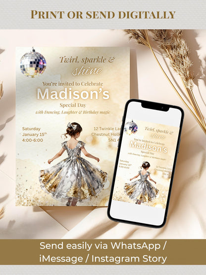 Girl's Dance Birthday Invitation-Twirl and Sparkle Party Invite/Disco Theme(Printable Instant Download Canva Template Evite)