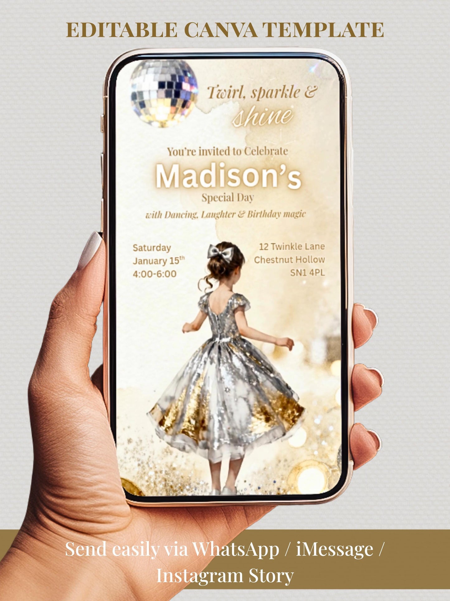 Animated Girl's Dance Birthday Invitation- Twirl and Sparkle Party Invite/Disco Theme (Printable Instant Download Canva Template Evite)