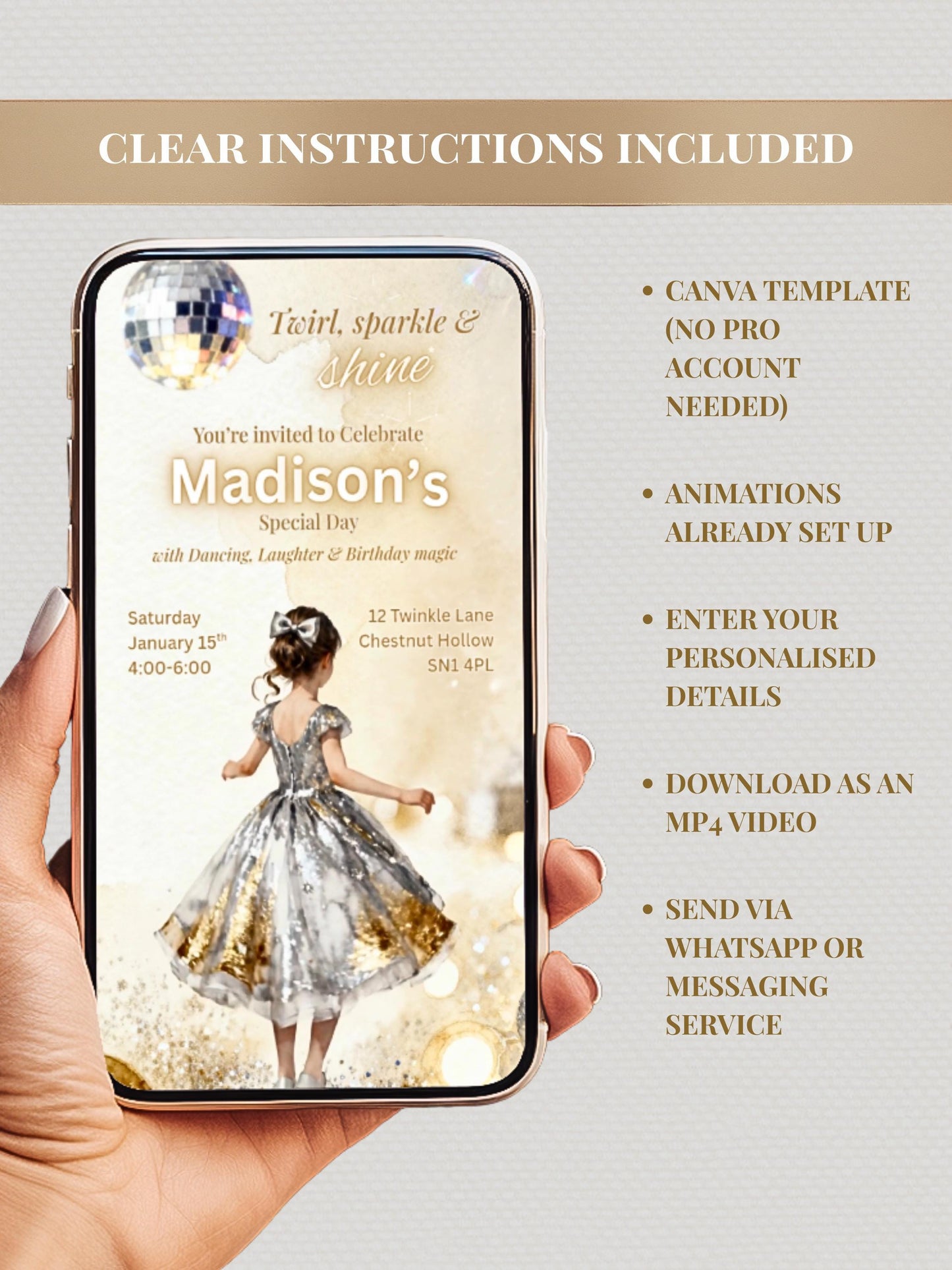 Animated Girl's Dance Birthday Invitation- Twirl and Sparkle Party Invite/Disco Theme (Printable Instant Download Canva Template Evite)