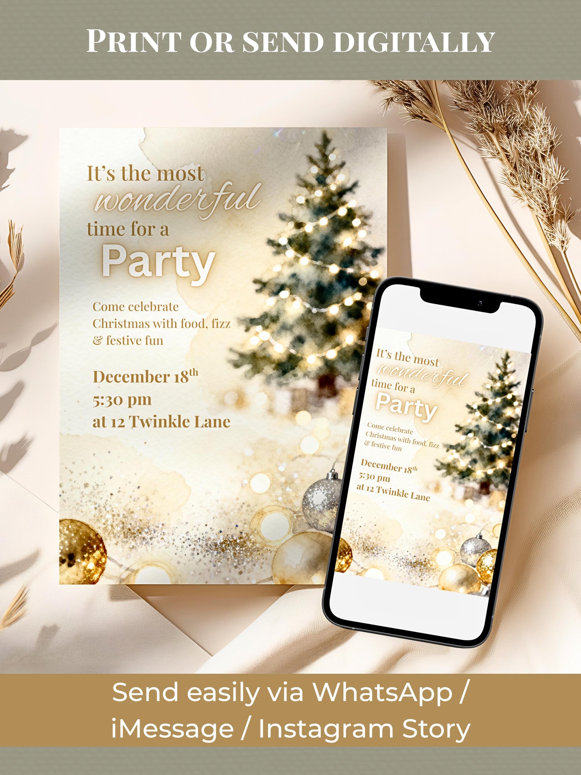 Sparkle Christmas Party Invitation - Printable Festive Watercolor Holiday Invite (Editable Instant Download Digital Canva Template Evite)
