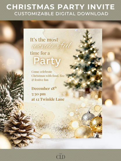 Printable Christmas party invitation featuring a softly lit Christmas tree, gold and silver baubles, and elegant watercolor background with customisable Canva text