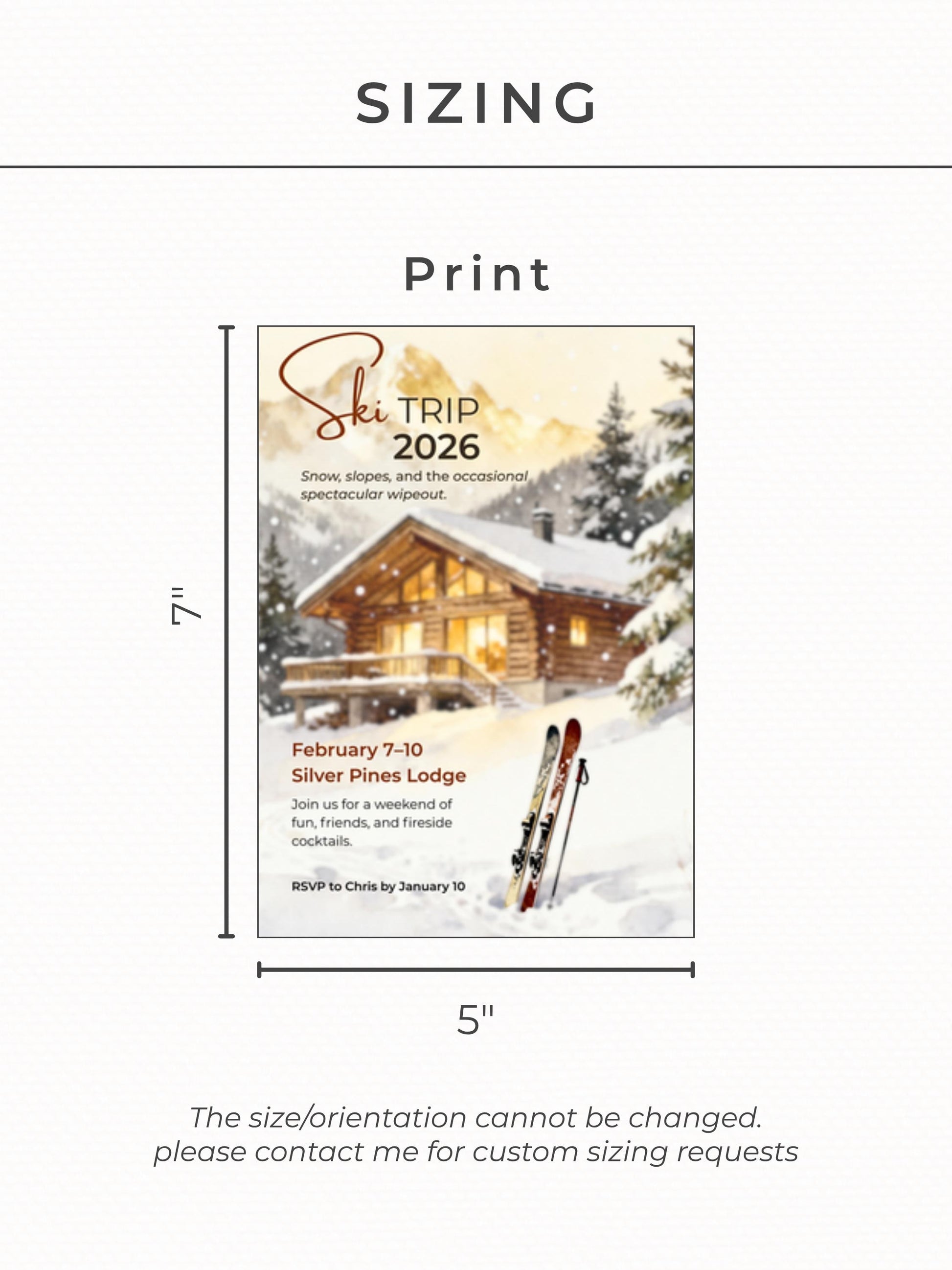 Ski Trip Invitation - Printable Winter Getaway Invite - Cozy Cabin Lodge Weekend Party Evite (Instant Download Editable Canva Template)