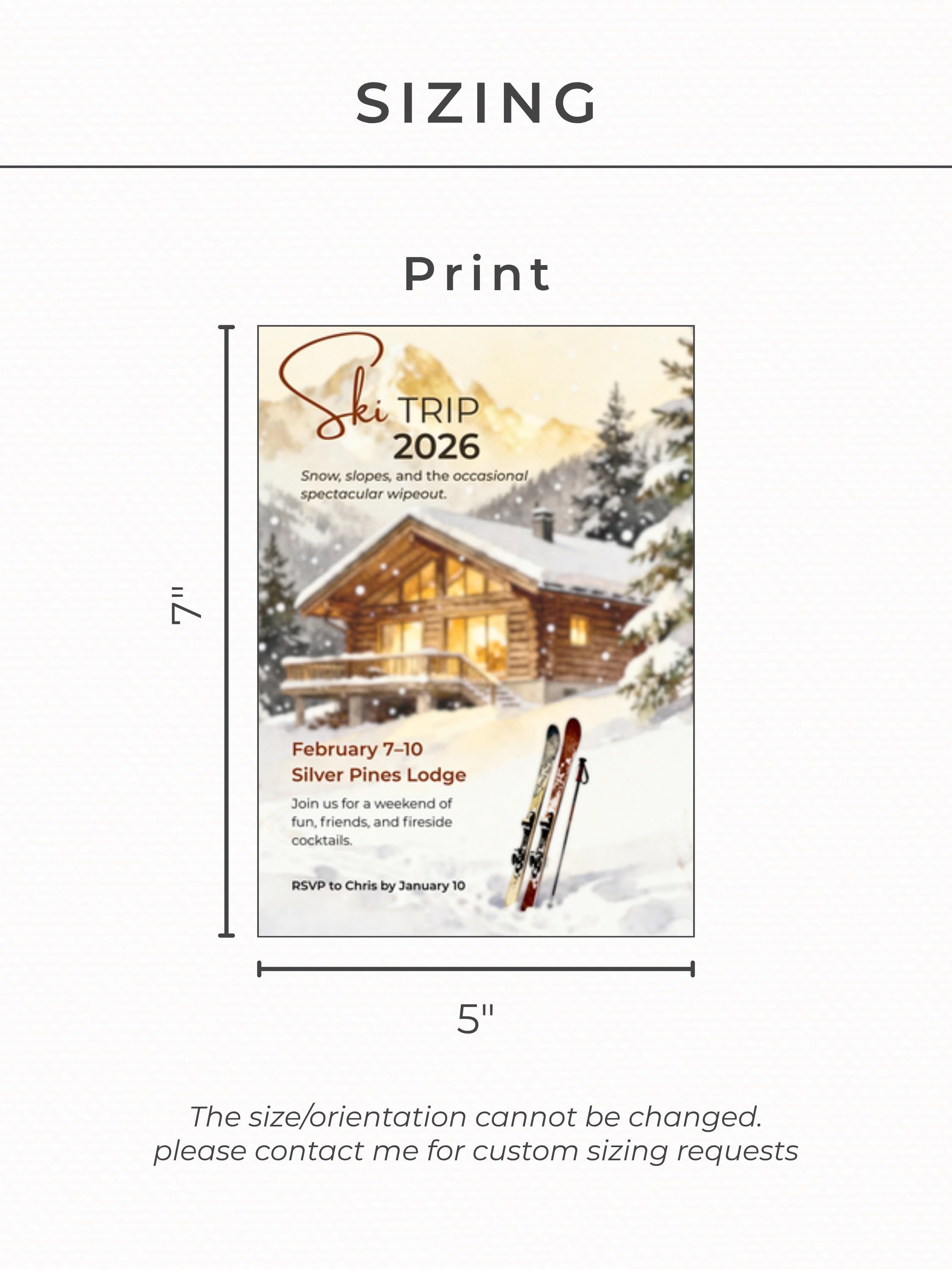 Ski Trip Invitation - Printable Winter Getaway Invite - Cozy Cabin Lodge Weekend Party Evite (Instant Download Editable Canva Template)