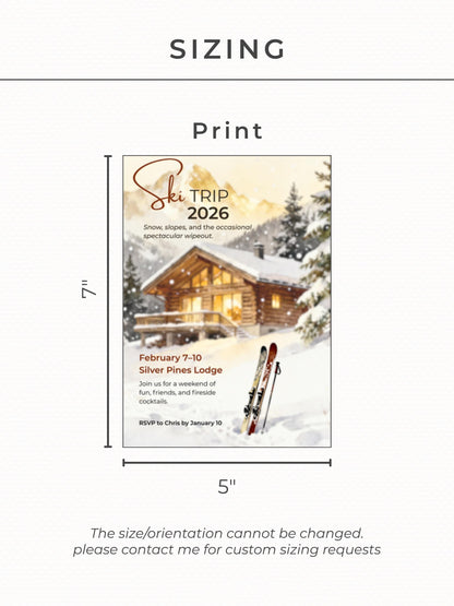 Ski Trip Invitation - Printable Winter Getaway Invite - Cozy Cabin Lodge Weekend Party Evite (Instant Download Editable Canva Template)