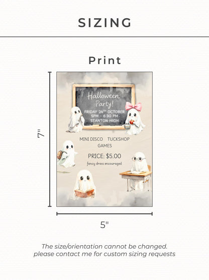 School Halloween Party Invitation Template - Editable Canva Halloween Invite - Cute Ghost Kids Party Flyer (Printable Digital Download)