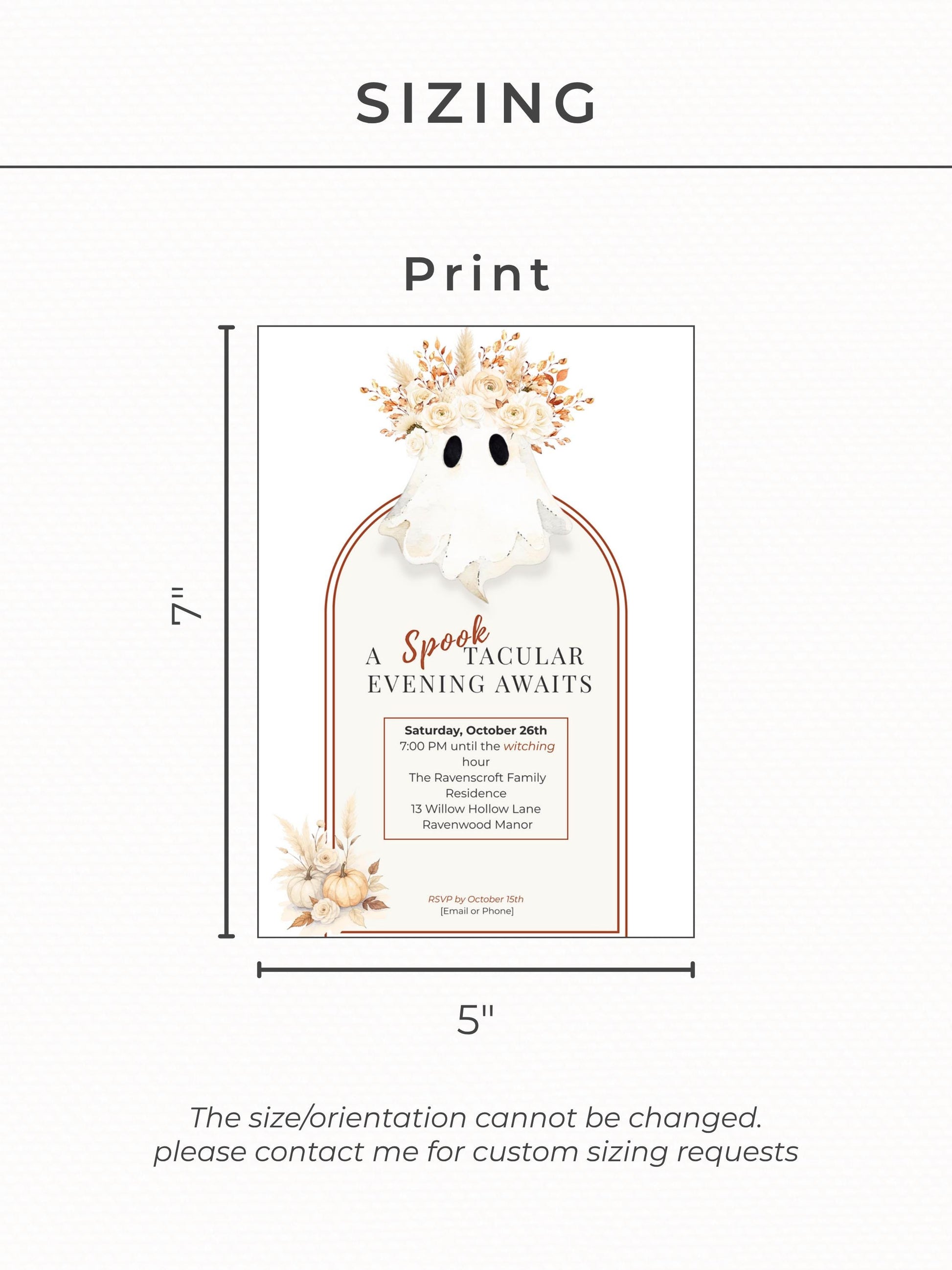 Halloween Party Invitation Template: Elegant Boho Ghost & Pumpkin (Instant Downloadable Canva Template 5x7" )