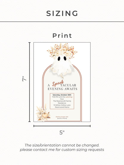 Halloween Party Invitation Template: Elegant Boho Ghost & Pumpkin (Instant Downloadable Canva Template 5x7" )