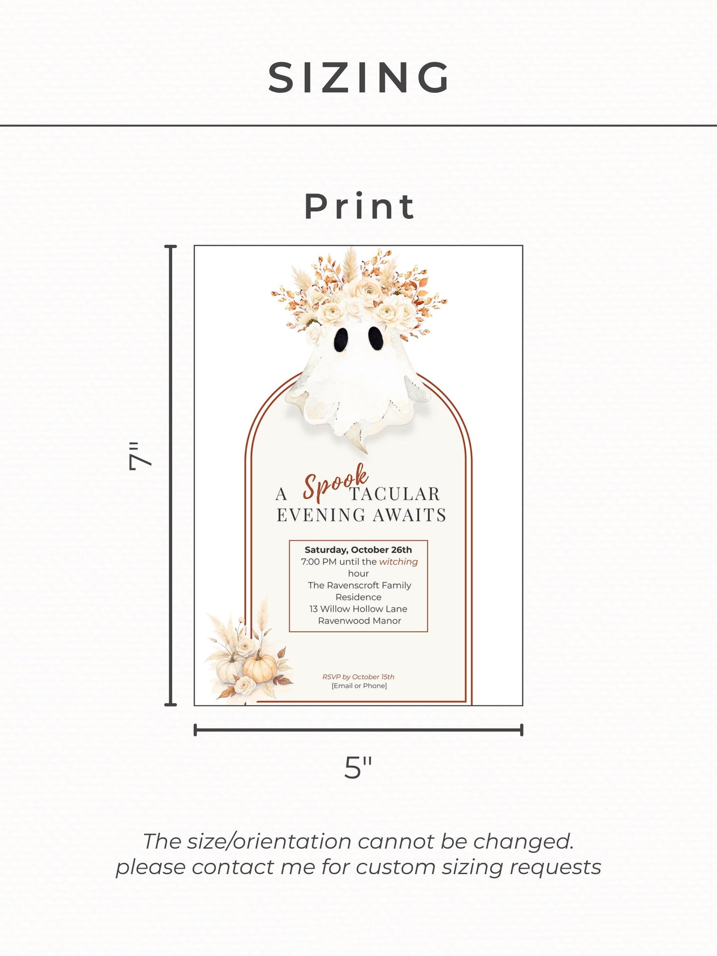 Halloween Party Invitation Template: Elegant Boho Ghost & Pumpkin (Instant Downloadable Canva Template 5x7" )