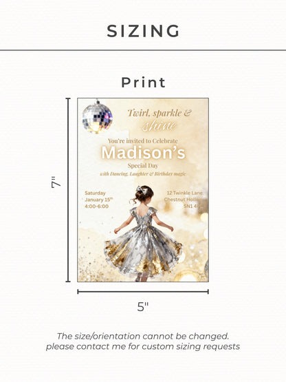 Girl's Dance Birthday Invitation-Twirl and Sparkle Party Invite/Disco Theme(Printable Instant Download Canva Template Evite)