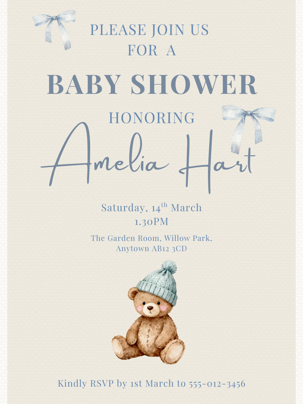 Editable Blue Bear Baby Shower Invitation Template-Boy Winter Nesting Party Invite (Instant Download Digital Custom Canva Template)