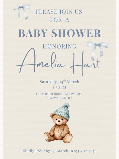 Editable Blue Bear Baby Shower Invitation Template-Boy Winter Nesting Party Invite (Instant Download Digital Custom Canva Template)