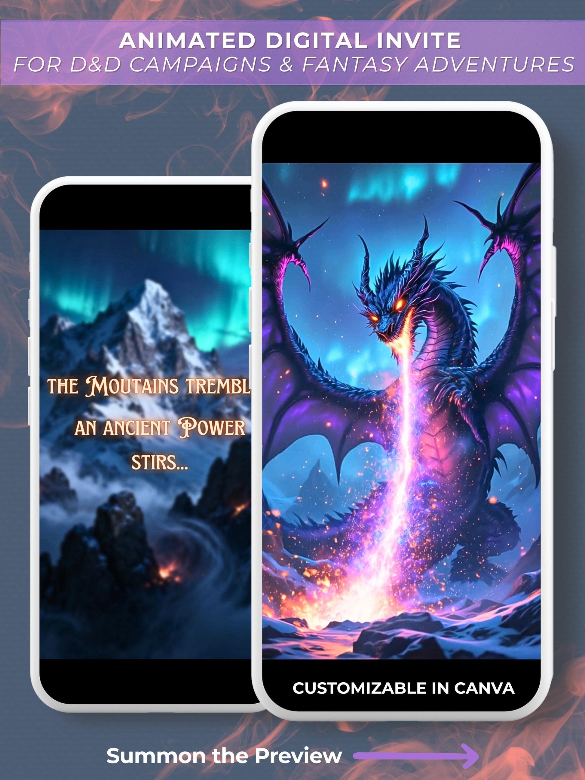 Animated fantasy digital invitation mockup for Dungeons & Dragons campaigns showing two phone screens — one with a glowing mountain scene that reads “The Mountains Tremble… An Ancient Power Stirs…” and the other featuring a fierce purple and blue dragon breathing fire under an aurora sky. Text overlay says “Animated Digital Invite for D&D Campaigns & Fantasy Adventures – Customizable in Canva