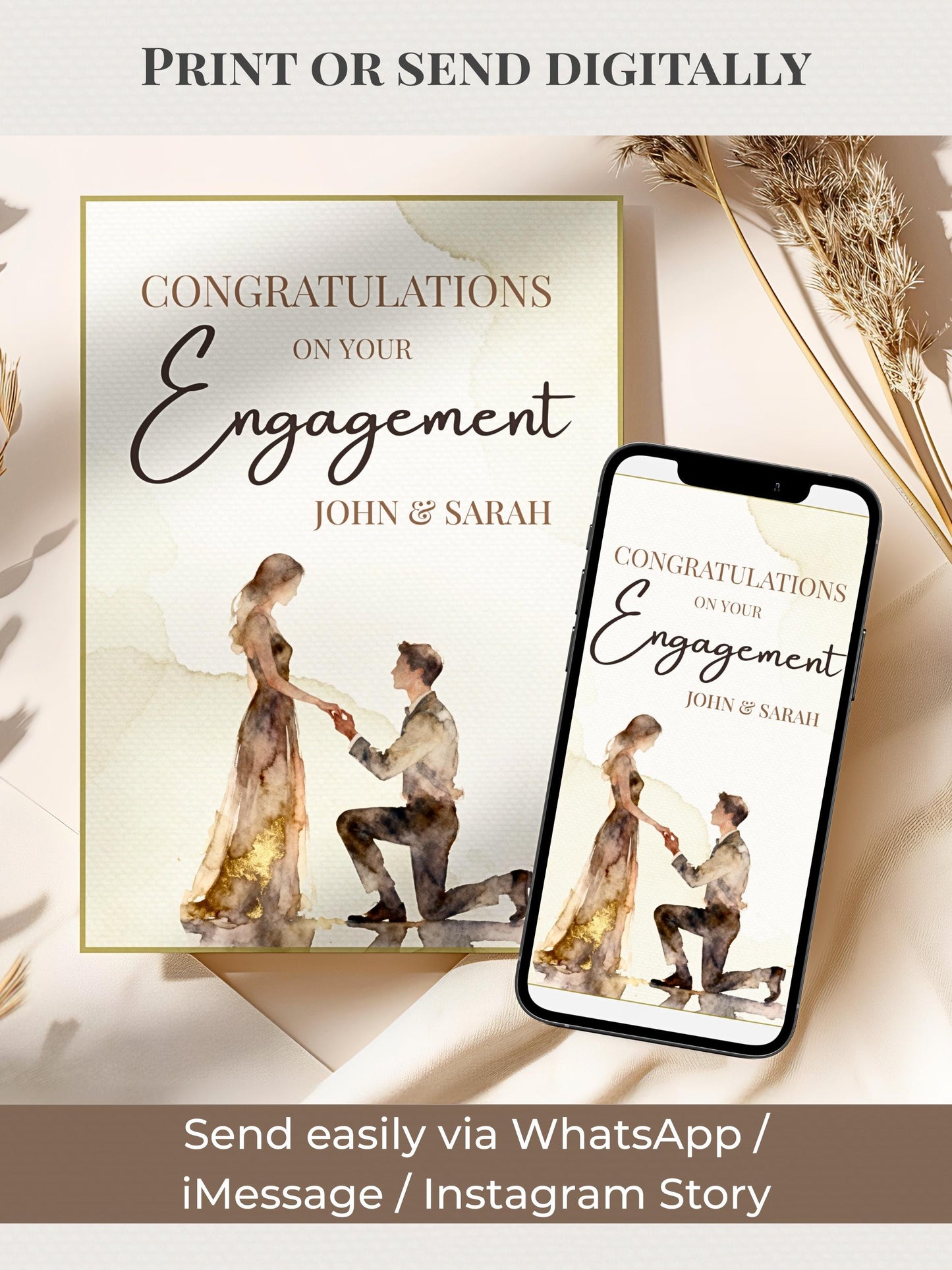 Editable Engagement Congratulations Card - Modern Watercolor Proposal Printable (Instant Digital Download Customisable Canva Template)