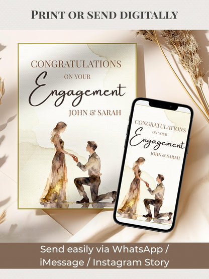 Editable Engagement Congratulations Card - Modern Watercolor Proposal Printable (Instant Digital Download Customisable Canva Template)