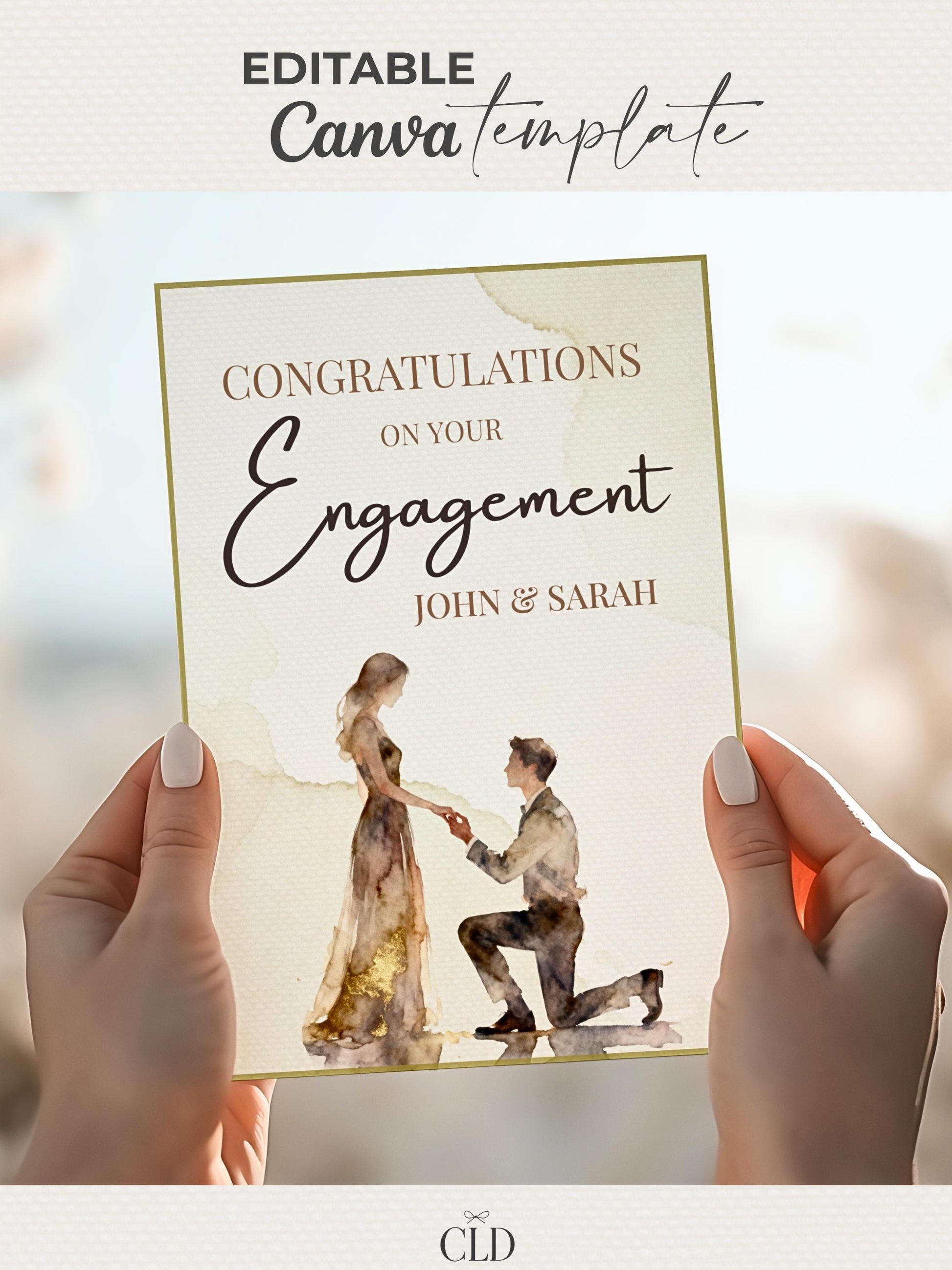 Editable Engagement Congratulations Card - Modern Watercolor Proposal Printable (Instant Digital Download Customisable Canva Template)