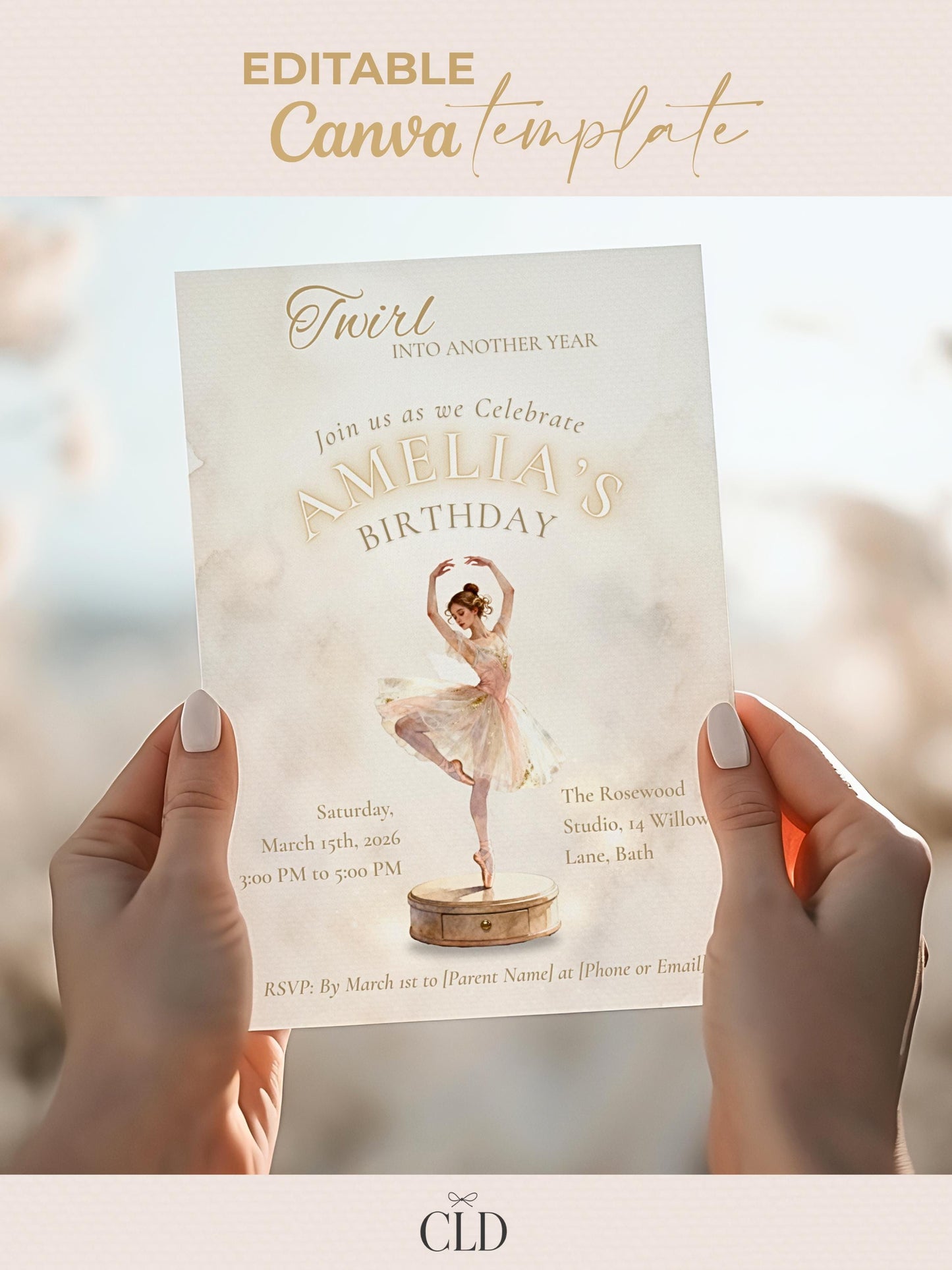 Ballerina Birthday Invitation-Dance Kids Party Invite (Custom Instant Download Canva Template) Elegant Music Box Ballet Girl Evite