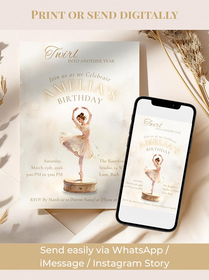 Ballerina Birthday Invitation-Dance Kids Party Invite (Custom Instant Download Canva Template) Elegant Music Box Ballet Girl Evite