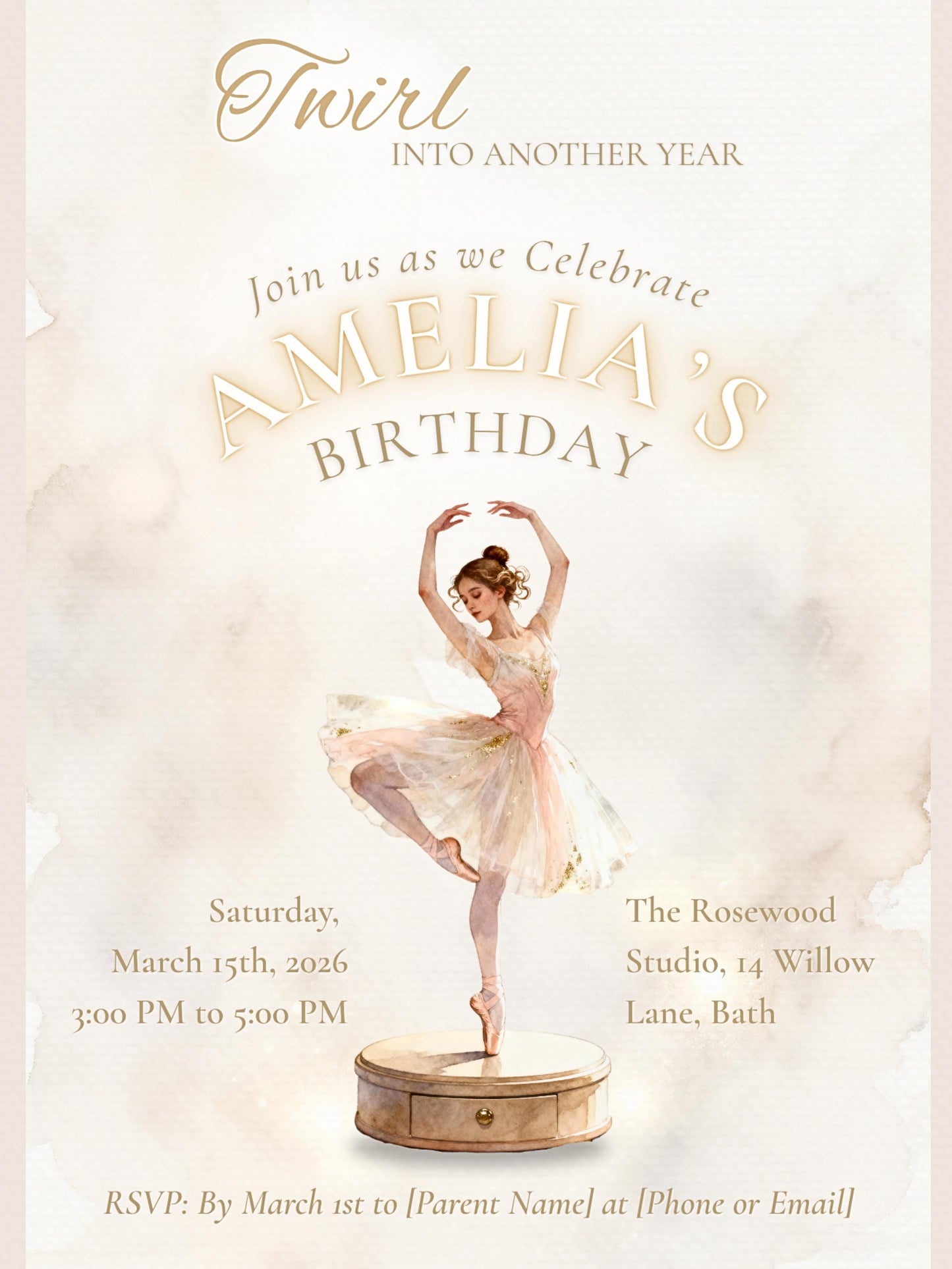 Ballerina Birthday Invitation-Dance Kids Party Invite (Custom Instant Download Canva Template) Elegant Music Box Ballet Girl Evite