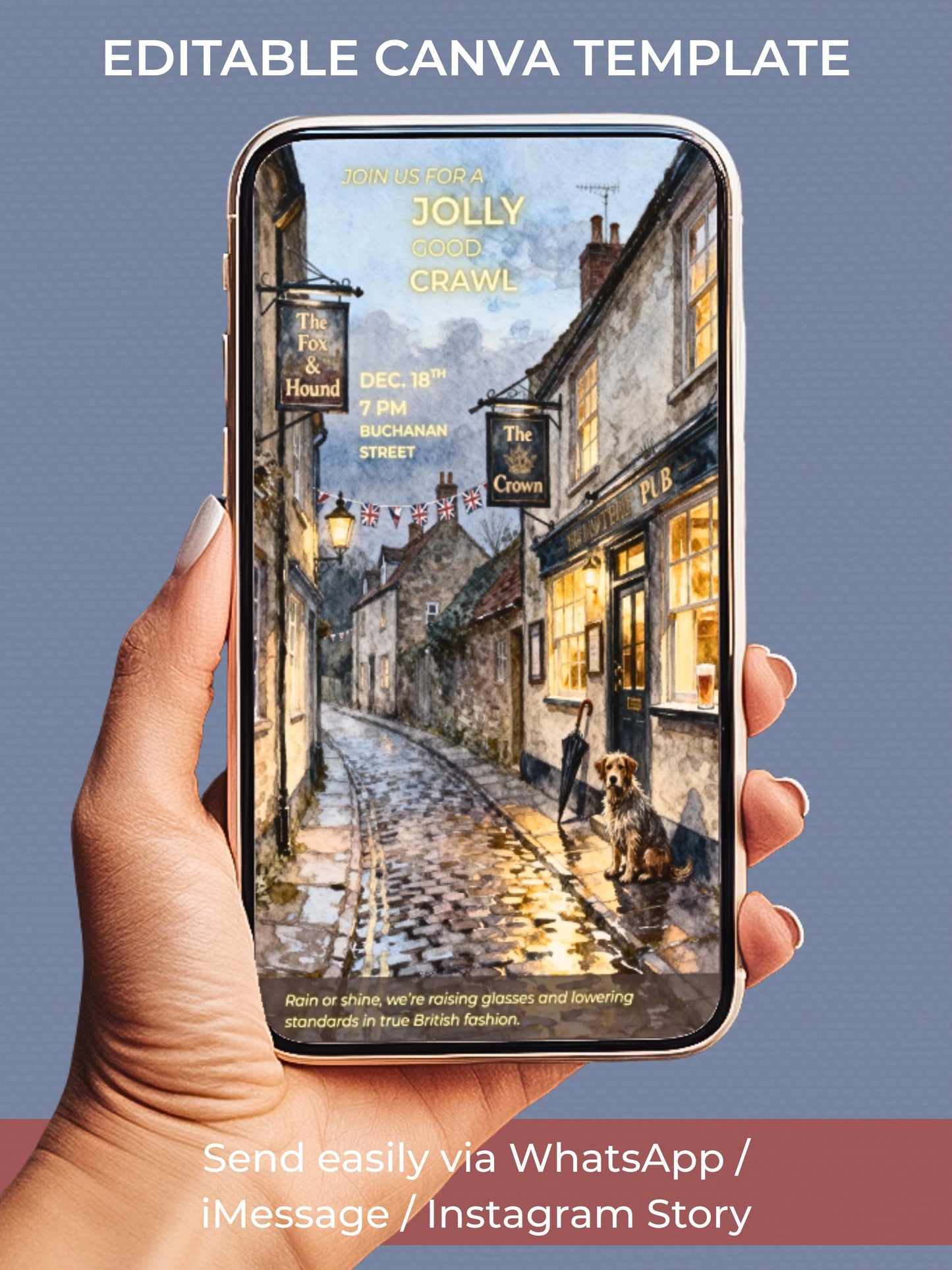 Animated Pub Crawl Invitation - British Village Watercolor Evite (Instant Download Editable Canva Template) Bar Crawl Digital Invite Video