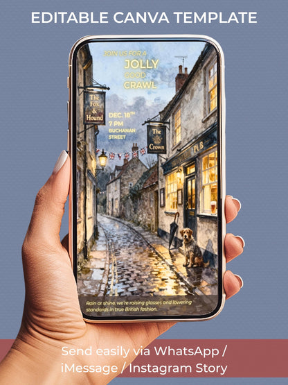 Animated Pub Crawl Invitation - British Village Watercolor Evite (Instant Download Editable Canva Template) Bar Crawl Digital Invite Video