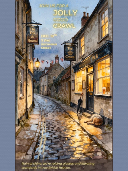 Animated Pub Crawl Invitation - British Village Watercolor Evite (Instant Download Editable Canva Template) Bar Crawl Digital Invite Video