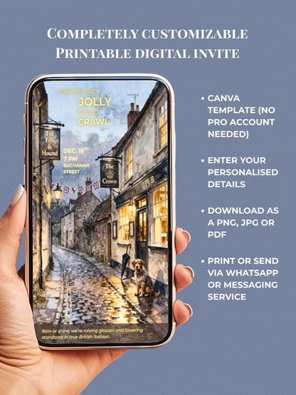 Pub Crawl Invitation Template - Printable British Watercolor Invite - Bar Hop Night Out Evite (Instant Download Editable Canva Template)