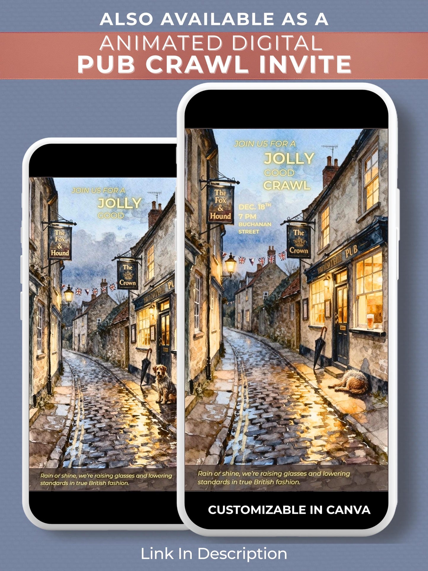 Pub Crawl Invitation Template - Printable British Watercolor Invite - Bar Hop Night Out Evite (Instant Download Editable Canva Template)