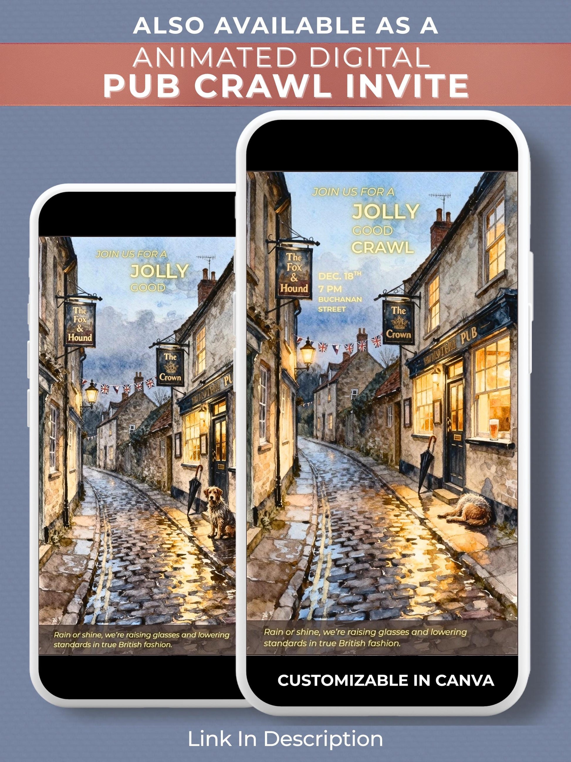 Pub Crawl Invitation Template - Printable British Watercolor Invite - Bar Hop Night Out Evite (Instant Download Editable Canva Template)