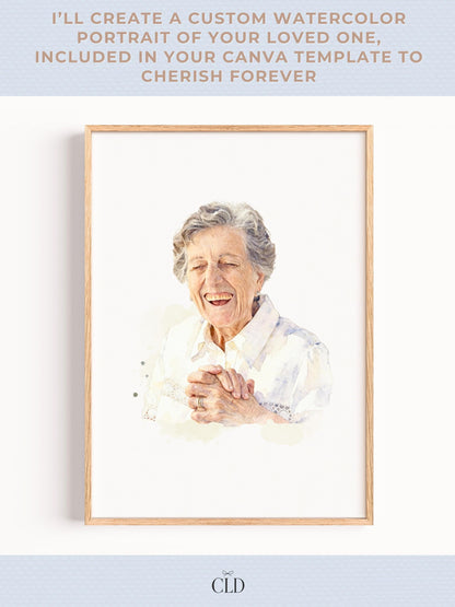 Custom Watercolor Memorial Template-Editable Canva Funeral Invitation-Celebration of Life Program (Personalized Portrait Keepsake)