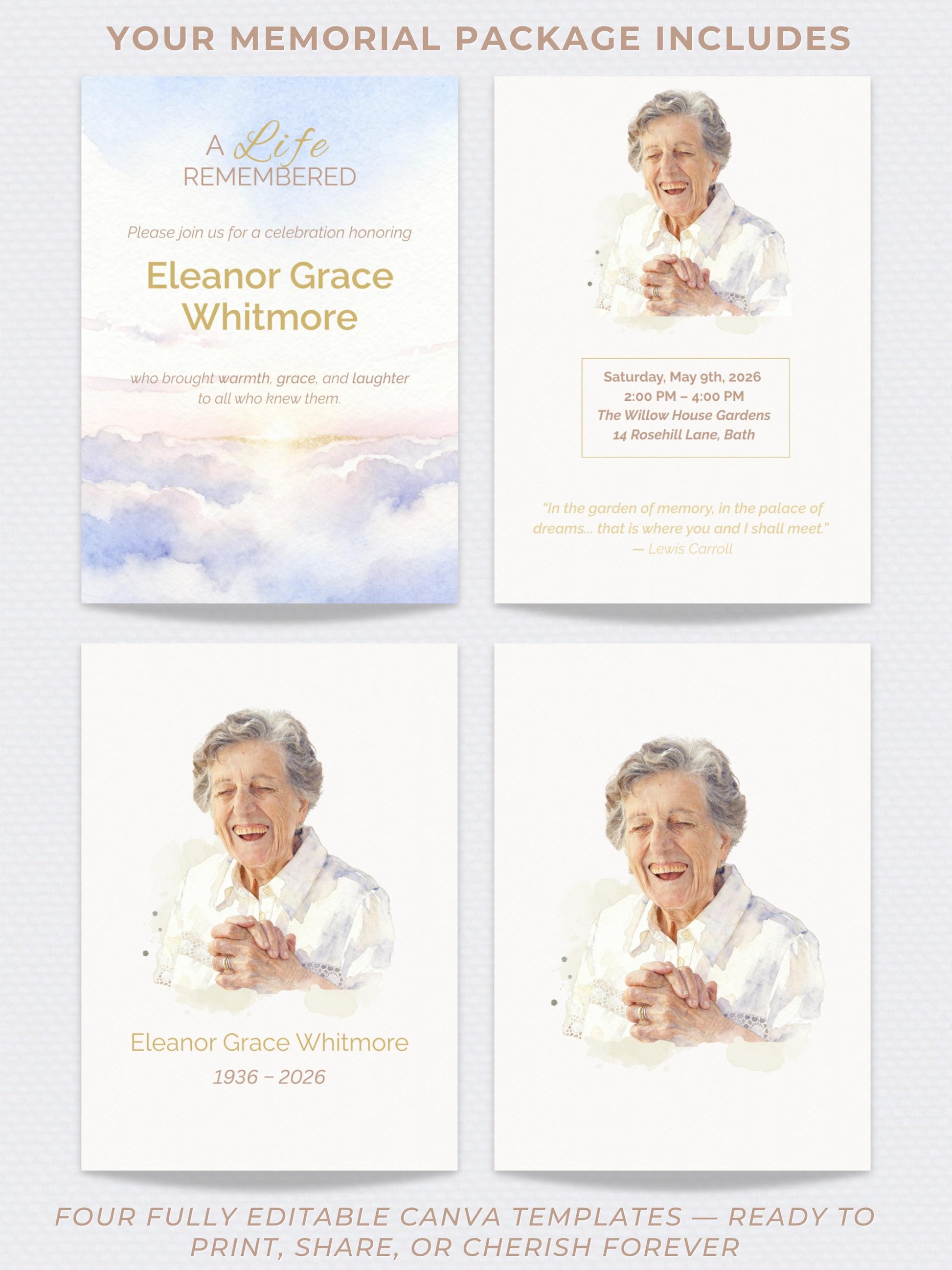 Custom Watercolor Memorial Template-Editable Canva Funeral Invitation-Celebration of Life Program (Personalized Portrait Keepsake)
