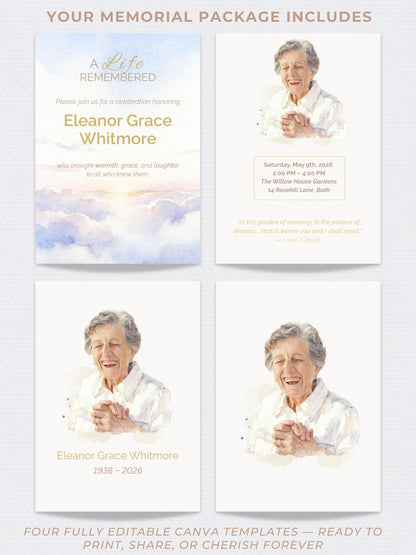 Custom Watercolor Memorial Template-Editable Canva Funeral Invitation-Celebration of Life Program (Personalized Portrait Keepsake)