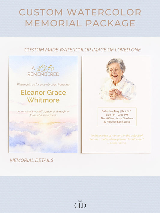 Elegant memorial invitation mockup featuring a soft watercolor sky design and a custom portrait of an elderly woman smiling. The left card reads “A Life Remembered” with the name Eleanor Grace Whitmore and gentle text about honoring her life. The right card displays event details and a heartfelt quote by Lewis Carroll.
