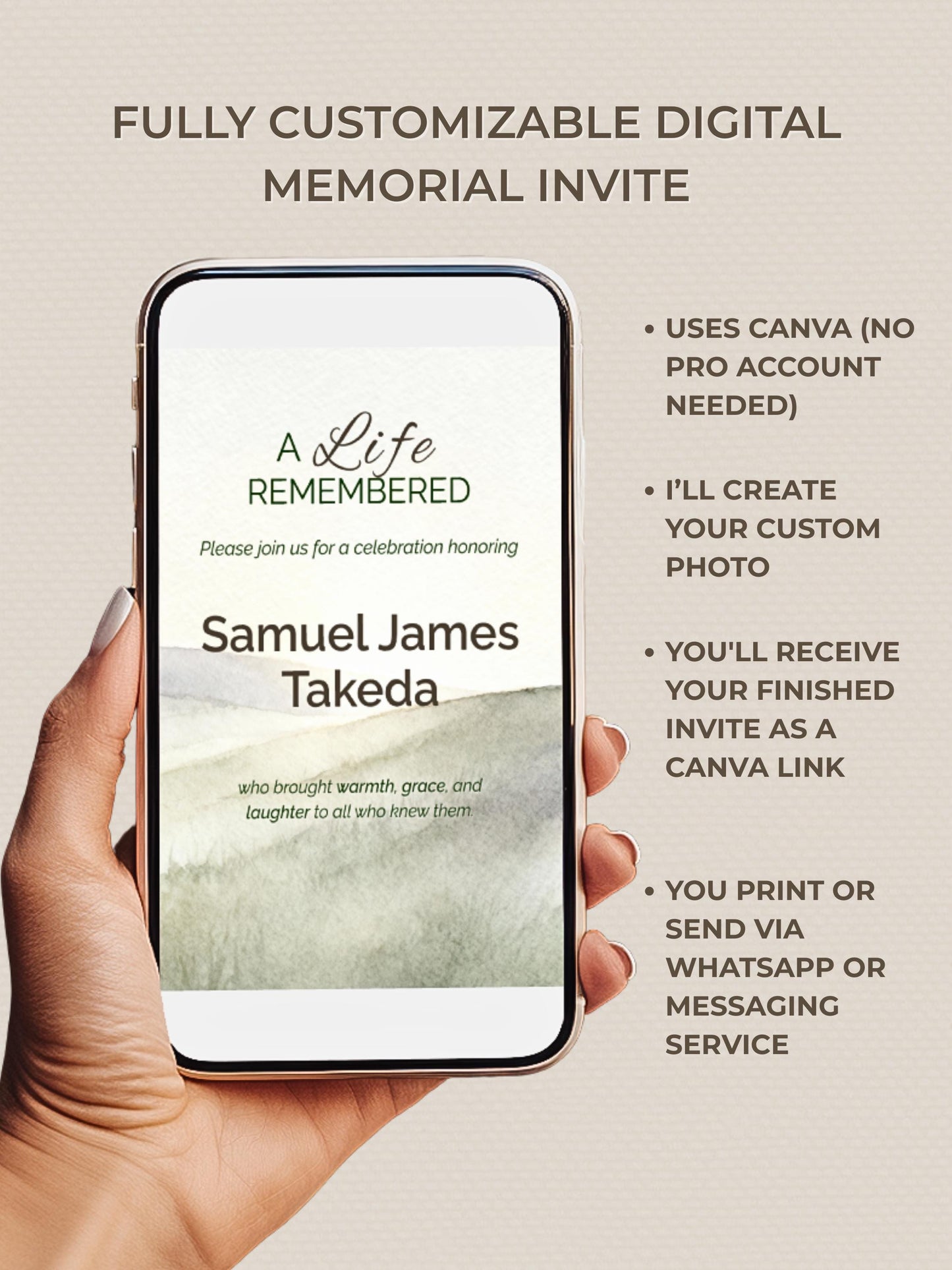 Custom Watercolor Memorial Invitation & Portrait - Editable Canva Celebration of Life Template - Personalized Funeral Keepsake