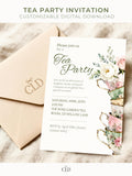 Elegant printable tea party invitation template featuring a watercolor stack of vintage floral teacups with white and pink flowers. Customizable digital download perfect for birthdays, bridal showers, or afternoon tea gatherings