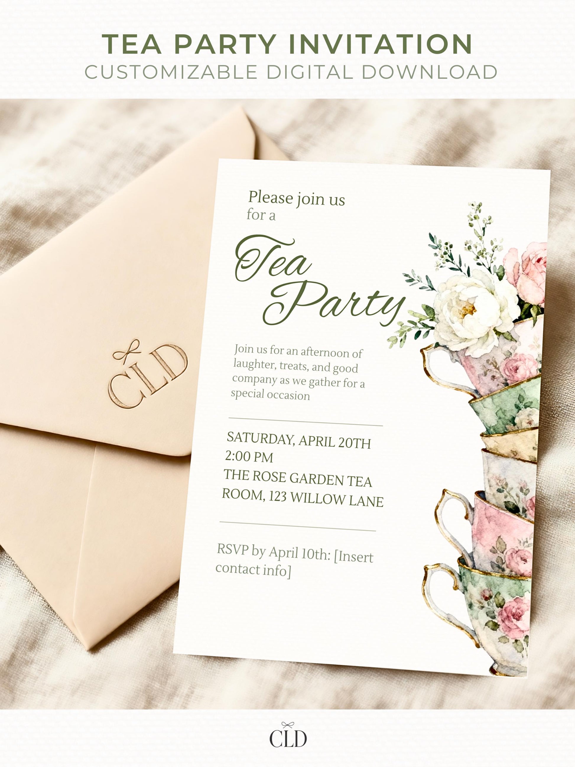 Elegant printable tea party invitation template featuring a watercolor stack of vintage floral teacups with white and pink flowers. Customizable digital download perfect for birthdays, bridal showers, or afternoon tea gatherings