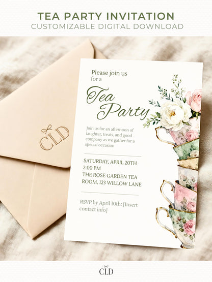 Elegant printable tea party invitation template featuring a watercolor stack of vintage floral teacups with white and pink flowers. Customizable digital download perfect for birthdays, bridal showers, or afternoon tea gatherings