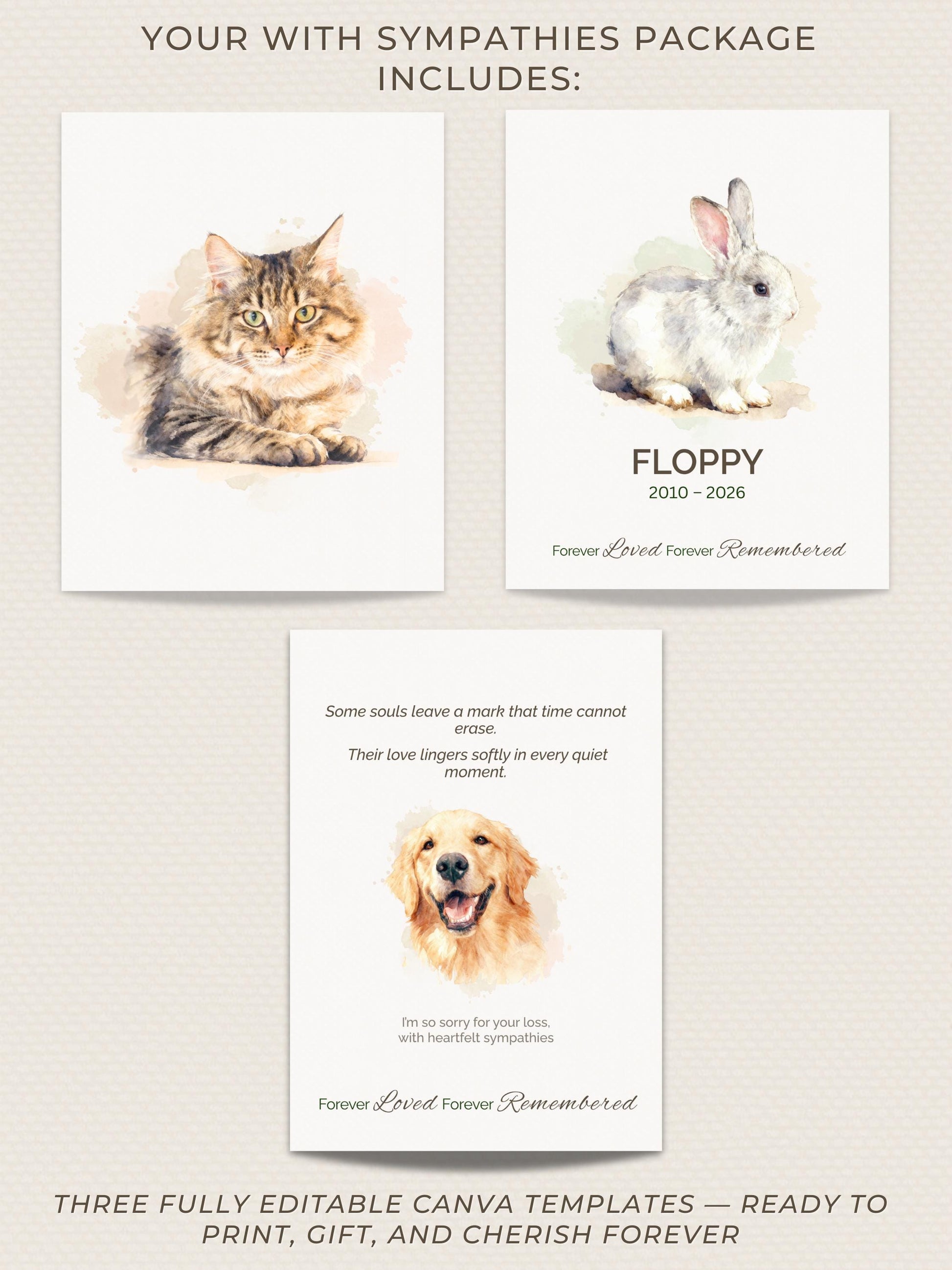 Custom Pet Sympathy Card & Watercolor Portrait Keepsake - Pet Loss Memorial Gift -Personalized Pet Bereavement Card-Editable Canva Template