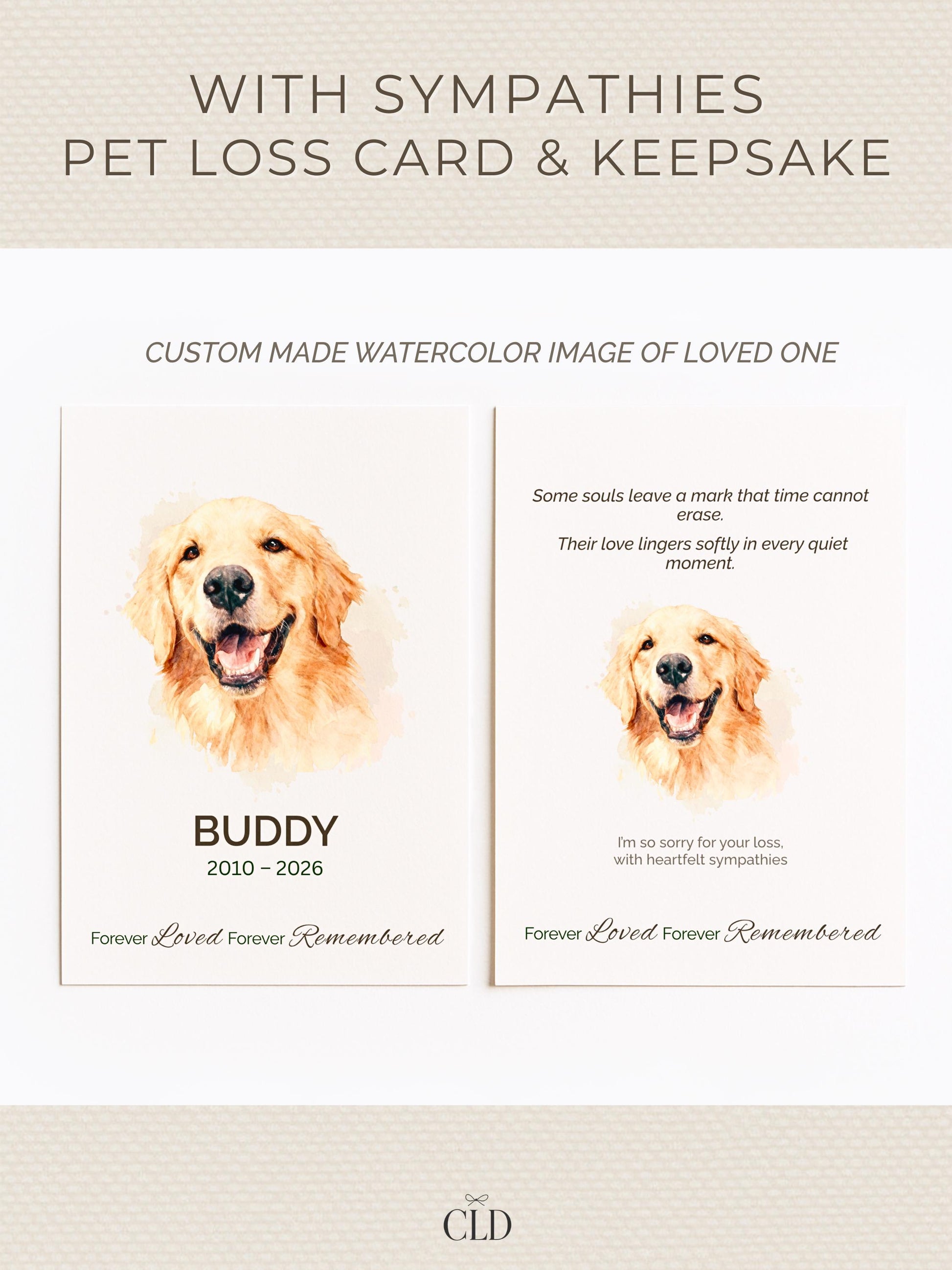 Custom Pet Sympathy Card & Watercolor Portrait Keepsake - Pet Loss Memorial Gift -Personalized Pet Bereavement Card-Editable Canva Template