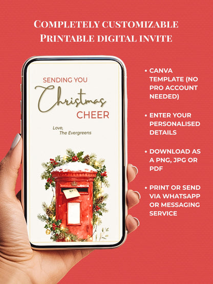Printable Christmas Cheer Card - Editable Digital Holiday Greeting (Instant Download Canva Template Custom) - Vintage British Postbox
