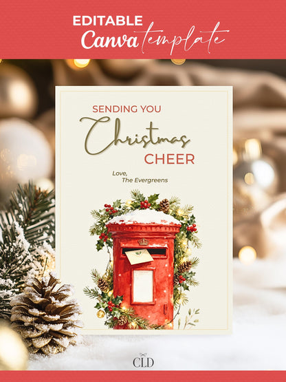 Printable Christmas Cheer Card - Editable Digital Holiday Greeting (Instant Download Canva Template Custom) - Vintage British Postbox