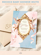 Rococo cherub baby shower invitation featuring two angelic cherubs holding a gilded ornate frame with flowing pink ribbons on a watercolor blue and blush background, customizable digital Canva template