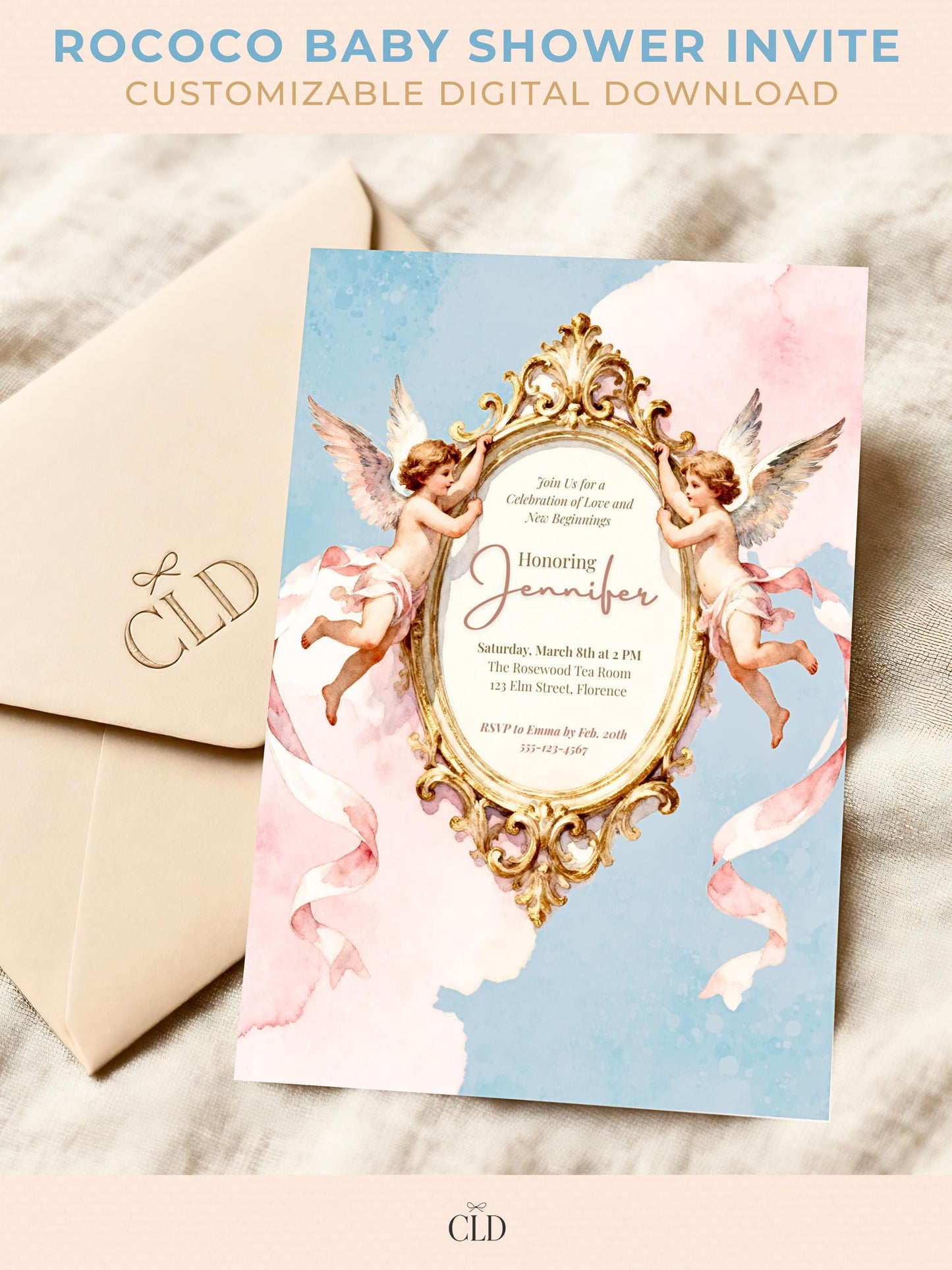 Rococo cherub baby shower invitation featuring two angelic cherubs holding a gilded ornate frame with flowing pink ribbons on a watercolor blue and blush background, customizable digital Canva template