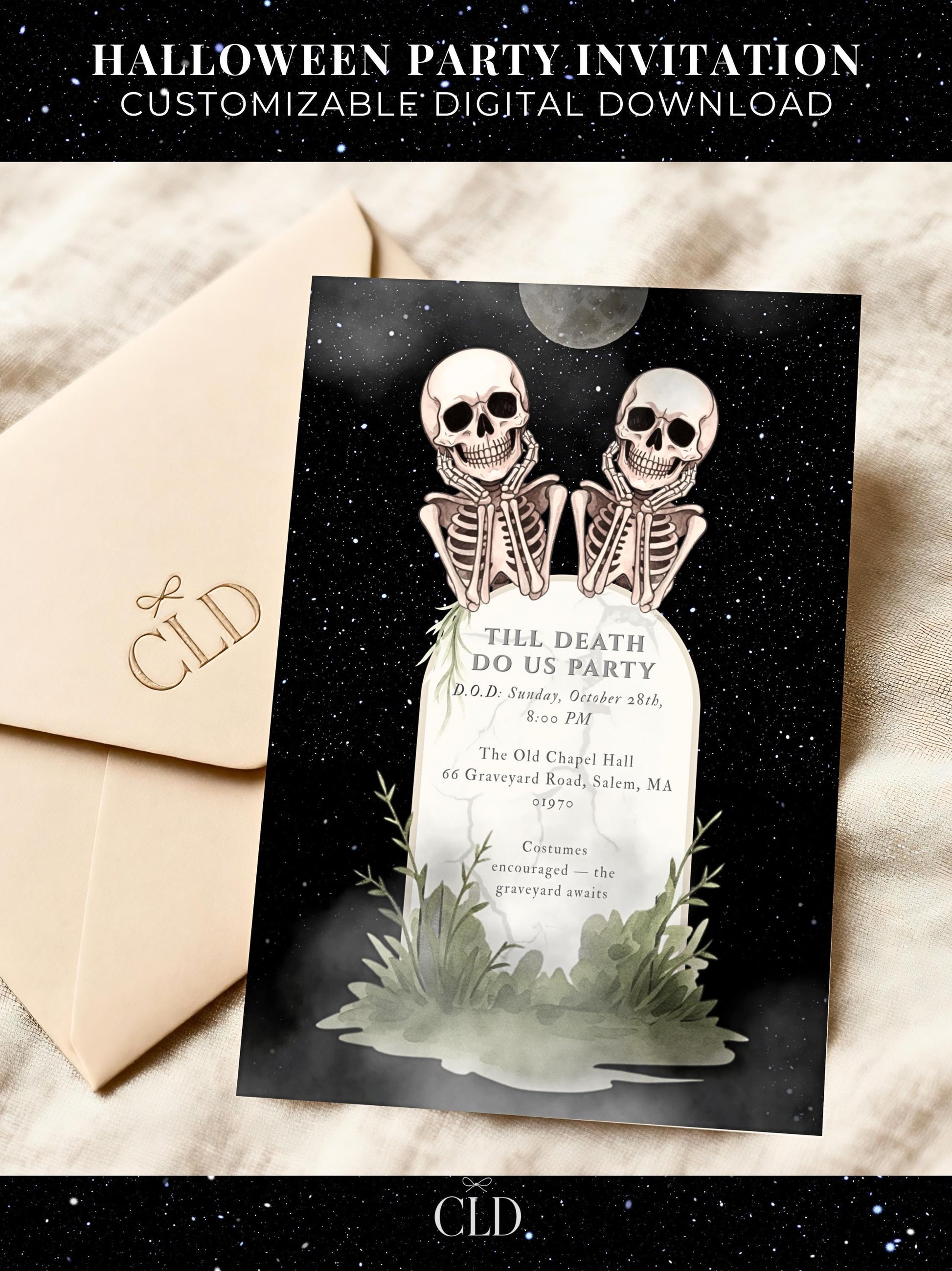 Editable Halloween party invitation featuring two skeletons perched on a tombstone under a full moon and starry night sky, with the text 'Till Death Do Us Party.' Customizable digital download template displayed with white envelope, perfect for spooky Halloween events