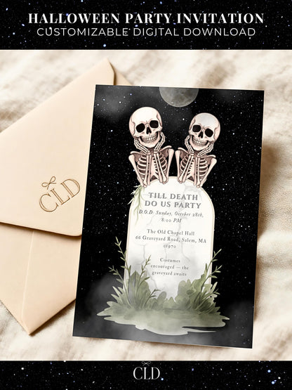 Editable Halloween party invitation featuring two skeletons perched on a tombstone under a full moon and starry night sky, with the text 'Till Death Do Us Party.' Customizable digital download template displayed with white envelope, perfect for spooky Halloween events