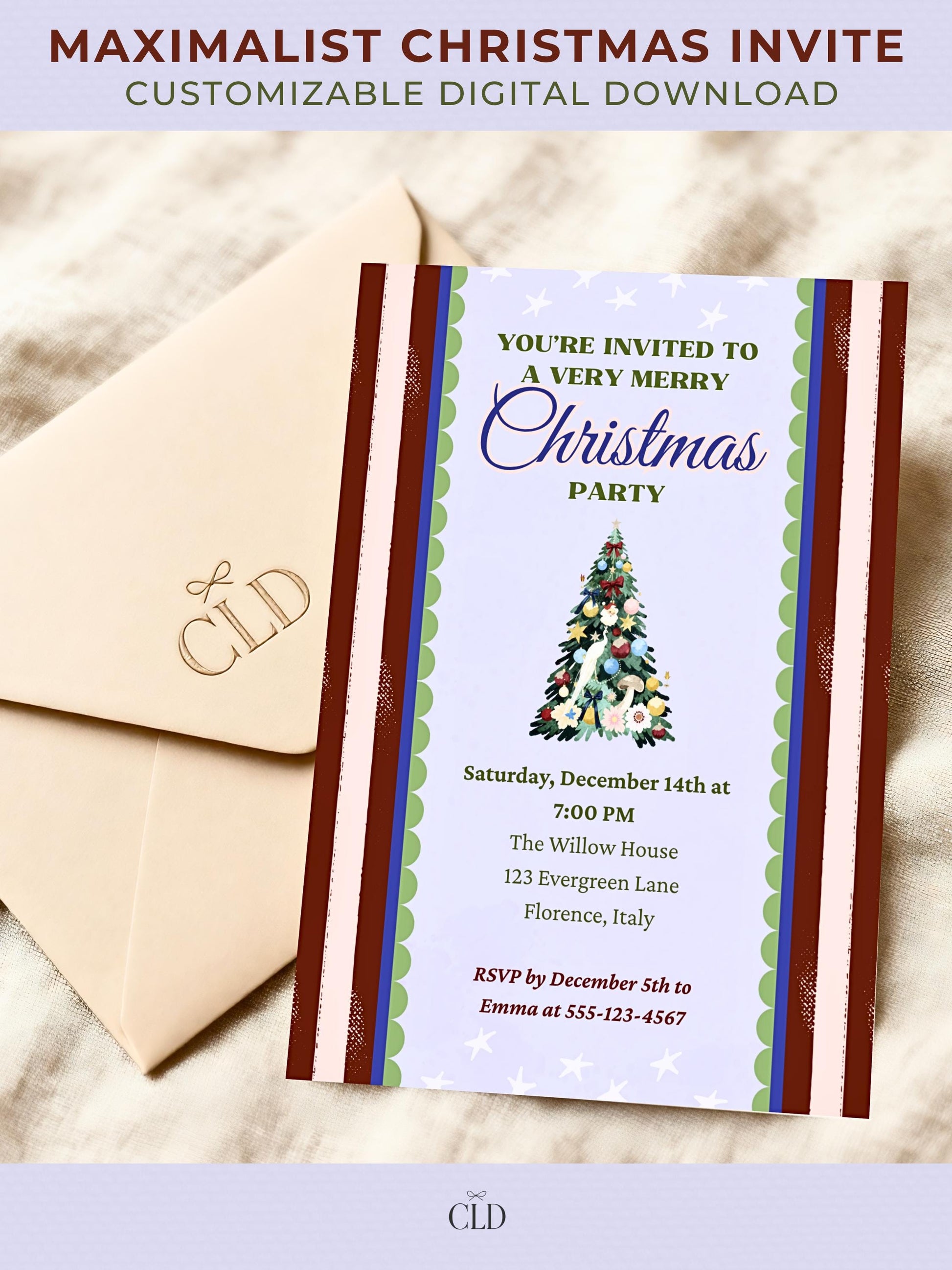 Maximalist Christmas invitation card mockup featuring a festive Christmas tree illustration with colorful ornaments, set against a lavender background with white stars. The invite includes bold green and navy text framed by scalloped green and blue borders with red and pink striped edges, placed on a brown envelope over a soft pink background