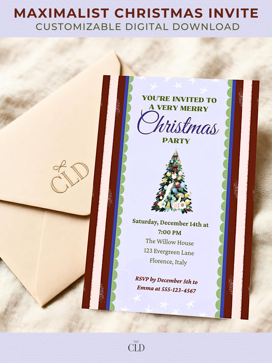 Maximalist Christmas invitation card mockup featuring a festive Christmas tree illustration with colorful ornaments, set against a lavender background with white stars. The invite includes bold green and navy text framed by scalloped green and blue borders with red and pink striped edges, placed on a brown envelope over a soft pink background