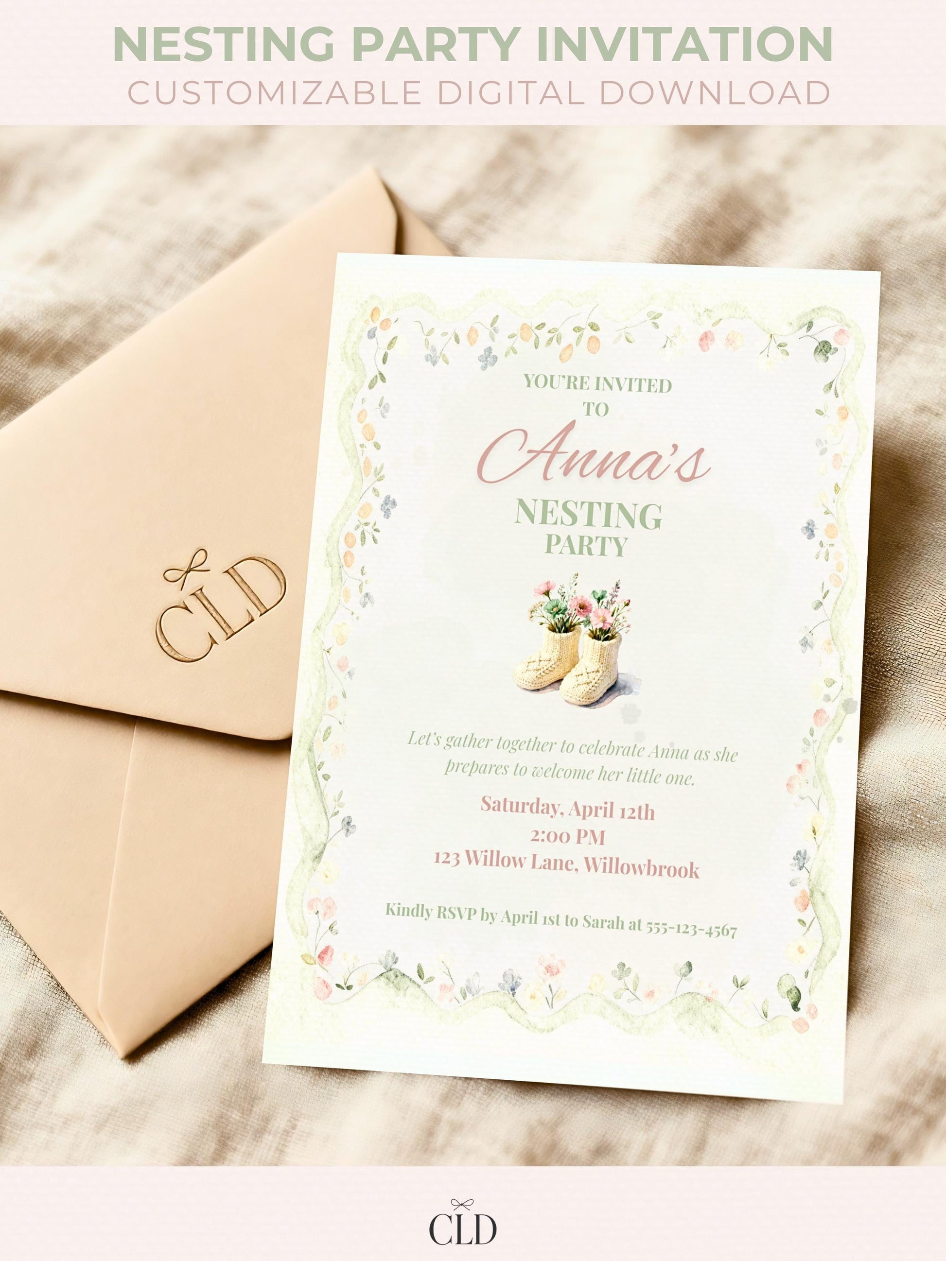 Editable nesting party invitation template featuring watercolor baby booties filled with soft florals and a delicate scalloped floral border. Neutral pastel green and blush tones. Perfect for baby shower or motherhood celebration