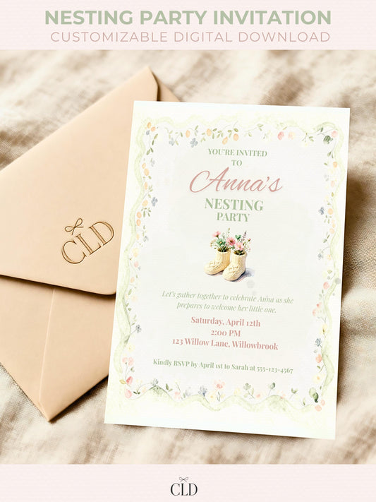 Editable nesting party invitation template featuring watercolor baby booties filled with soft florals and a delicate scalloped floral border. Neutral pastel green and blush tones. Perfect for baby shower or motherhood celebration
