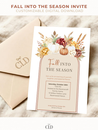 Elegant fall-themed invitation with an arch design, decorated with watercolor pumpkins, autumn flowers, and wheat at the top. The text reads 'Fall Into the Season,' inviting guests to a seasonal gathering. The invitation features warm neutral tones with burnt orange accents and is displayed on top of a white envelope with 'CLD' branding at the bottom, perfect for autumn celebrations or Thanksgiving events
