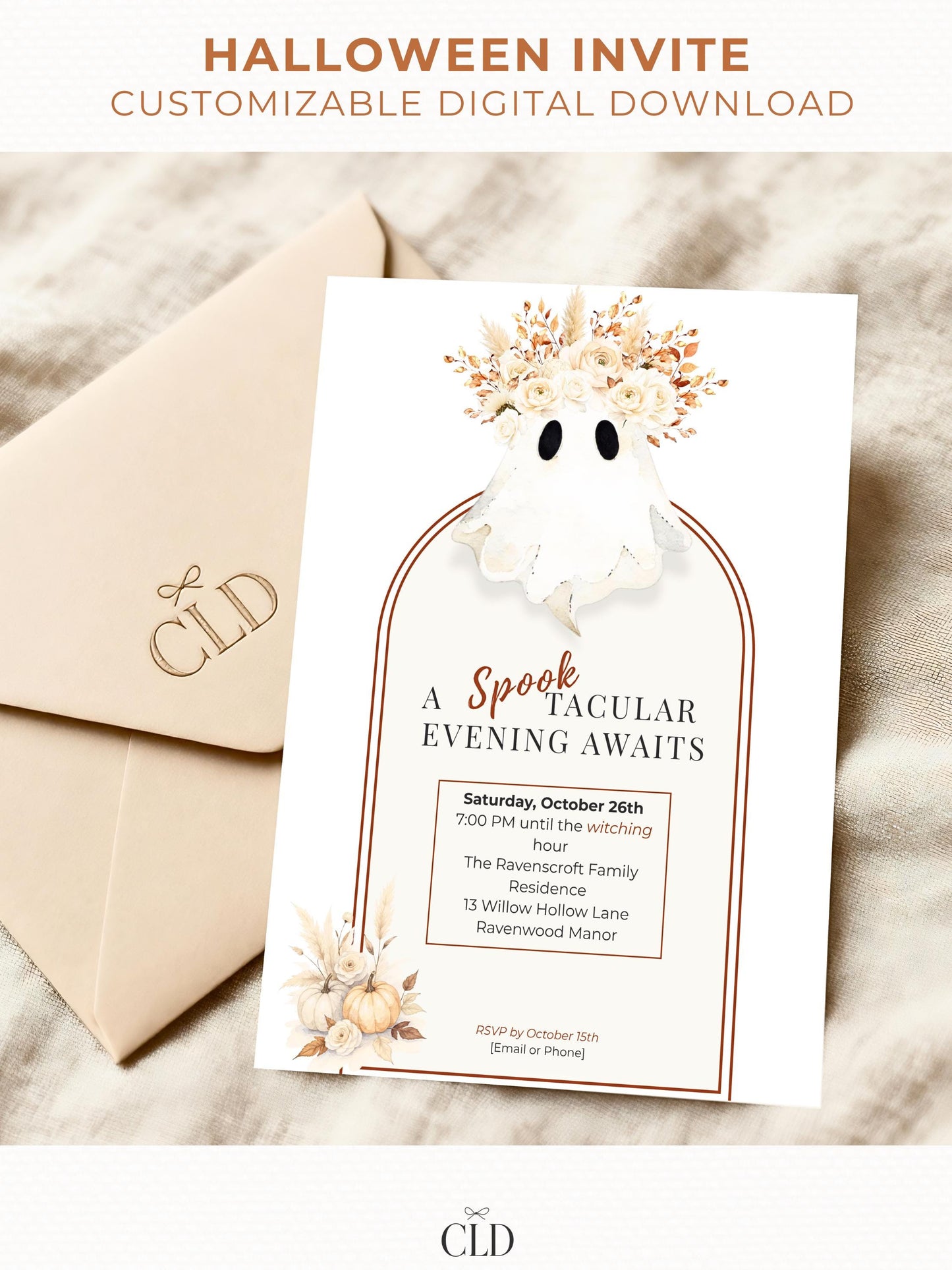 Halloween Ghost Invitation Digital Template Download Autumn Floral Design Gothic Style Party Collection Elegant Frame Details Customizable Text Options Premium Quality Template Canva Edit Format Easy Personalization Beautiful Flower Crown